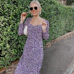 DRESS Floral Crêped Long Sleeve - NWT purple/pink midi